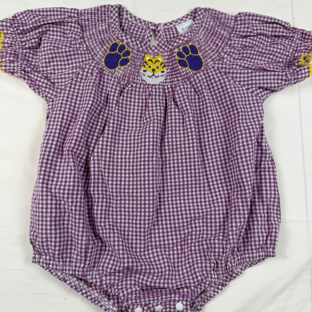 Unbranded Smocked Romper Baby 6-12M Purple Gingham Tiger‎ Paw Print Kids EUC LSU